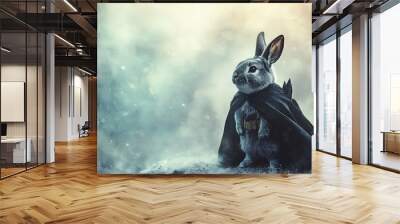 A rabbit is wearing a Batman costume and standing in the snow Wall mural