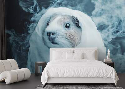 A small white animal is wrapped in a white cloth and is looking at the camera Wall mural