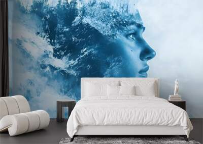 A woman's face is shown in a blue and white color scheme Wall mural