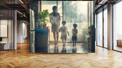 A woman and two children stand in a kitchen looking out the window Wall mural