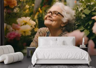 A woman in a floral dress is smiling and looking at the camera Wall mural