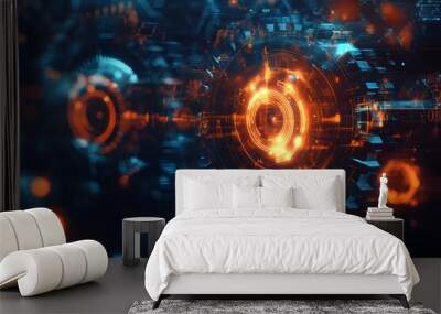 The image is a close up of two glowing circles, one orange and one blue Wall mural