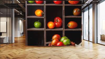 Colorful ripe tomatoes. Delicious vegetarian food. Dark backgrou Wall mural