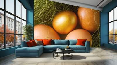 Multi-colored Easter egg. Golden eggs. Dark background. Spring h Wall mural