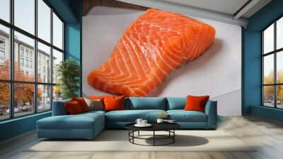 One piece of fresh salmon on white baking paper. Dark wood backg Wall mural