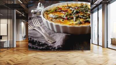 Traditional French cake. quiche with chard in white. Dark wood b Wall mural