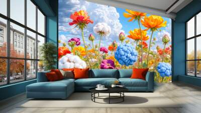 Colorful Field of Flowers with Blue Sky. Wall mural