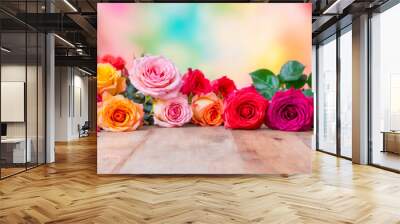 Colorful Roses on Wooden Background. Wall mural