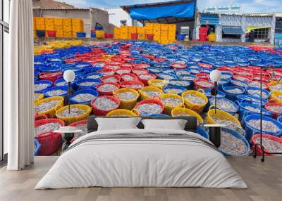 Baskets of fish are filled as fishing boats come ashore after a trip at sea, at a fishing village in Binh Thuan, Vietnam. Wall mural