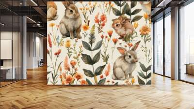 A seamless pattern of cute rabbits and flowers Wall mural