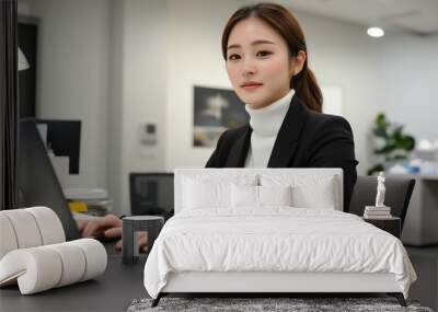 Korean business woman working on laptop Wall mural