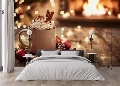 Cozy Christmas vibe decoration with Mug of Spiced Hot Chocolate by the Fire Wall mural