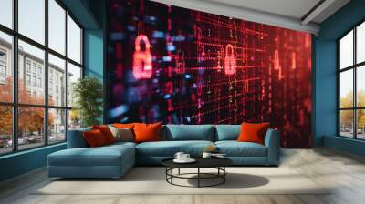 Abstract concept of digital encryption featuring encrypted data streams flowing through a secure network Wall mural