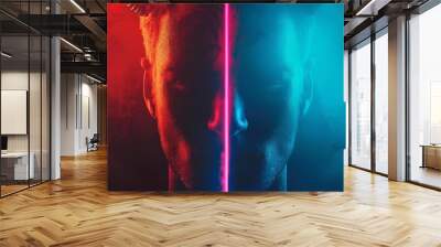 Duality of human nature concept with a split image of a man colored in red and blue, symbolizing good and evil. Wall mural