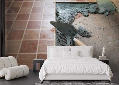 Home improvement, renovation construction trowel with cement mortar for tiles work, tile floor adhesive Wall mural