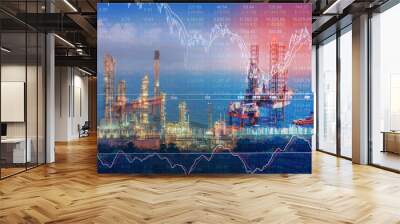 Stock market concept with oil rig in the gulf and oil refinery industry background,Double exposure Wall mural