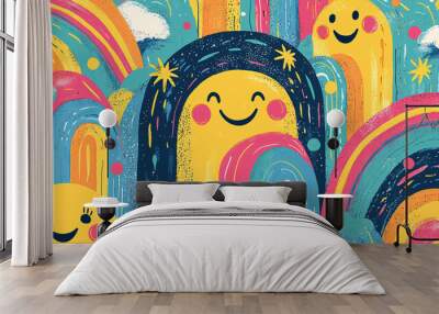 A colorful graphic design with a mix of rainbow patterns, smiley faces, and 70s-inspired art, perfect for a trendy and creative summer print. Wall mural