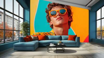 A fun advertisement featuring a young person in a vibrant, retro-themed background, combining playful art and modern design elements for a striking look Wall mural