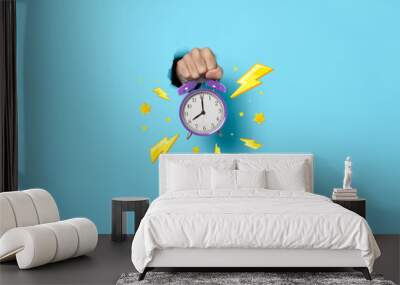 Hand showing alarm clock Hour Sale on blue background. deadline, time to promotion sale concept. Wall mural