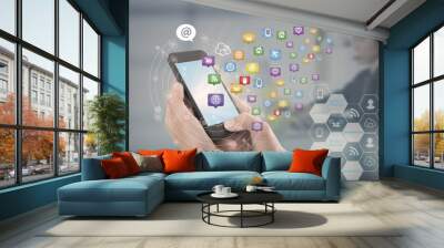 hand touching screen smart phone with application technology social media. concept business communication. Wall mural