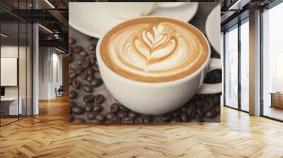 latte or Cappuccino with frothy foam, coffee cup top view on table in cafe. Wall mural