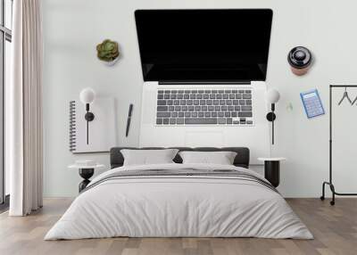 office desk with laptop computer and office supplies. Top view with copy space, flat lay Wall mural