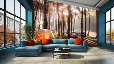 Camping and tent under the pine forest near the lake with beautiful sunlight in the morning Wall mural