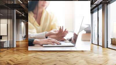 Cropped shot of two businesswoman working on latpot computer and discussing together at office. Wall mural