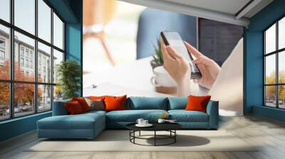 Female hand using smartphone while working at desk in office Wall mural