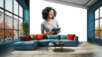 Image of young african woman, company worker in casual wear, smiling and holding digital tablet, standing over white background Wall mural