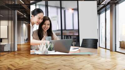 Two businesswoman working together on laptop. Creative female executives meeting in an office using laptop pc. Wall mural