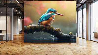 AI generated images,Ruby kingfisher bird, A kingfisher with a reddish-brown body mixed with orange. thick, bright red lips There was a bright blue stripe on the rump, and it was clinging to the branch Wall mural