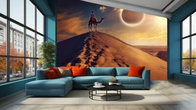 AI generator image of Man riding a camel on top of a desert mountain clear footprints And in the background there is a solar eclipse in the sky.Wide viewing angle, panorama Wall mural