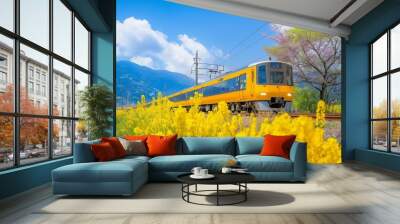 AI generator image of yellow Wisteria flowers The trees are in full bloom, yellow Wisteria flowers tree are planted on both sides.Tunnel yellow Wisteria flowers trees with the electric train running Wall mural