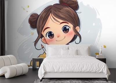 Cute cartoon girl student studying Wall mural