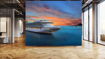 Luxury cruise ship sailing to port on sunrise  Wall mural