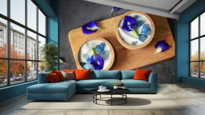 Butterfly pea Bualoy Thai dessert served in wooden bowl Wall mural