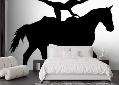 Black and white vector flat illustration: elegant vaulting horse and rider silhouette Wall mural