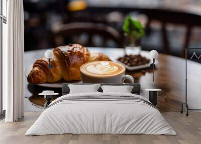 croissant served with latte on a blurred cafe background Wall mural