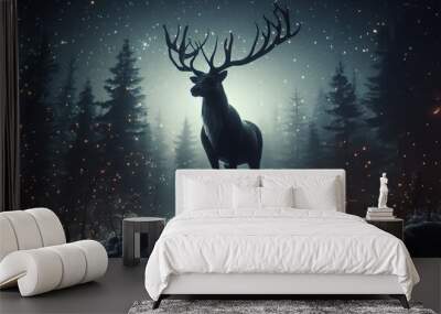 Elk or reindeer stag in a magical forest with sparkling lights antlers beautiful realistic deer Natural landscape background in winter forest Wall mural