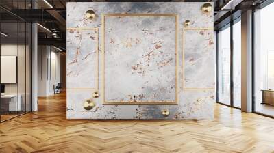 golden square frame on the marble wall Empty golden frame and background simple minimalist style interior backdrop Space for text. 3D illustration Wall mural