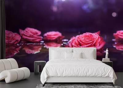 roses floating on the water mysterious romantic background Wall mural