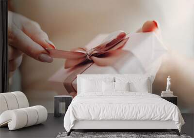 Close-up of female hands holding a small gift wrapped with a satin ribbon Wall mural