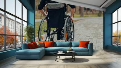 Close-up of male hand on wheel of wheelchair during walk in park Wall mural