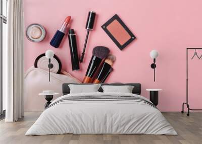 decorative cosmetic powder, concealer, eye shadow brush, blush, foundation on pink background Wall mural