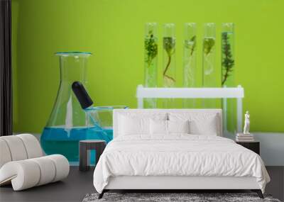 Test tubes and other laboratory glassware with different plants on green background Wall mural