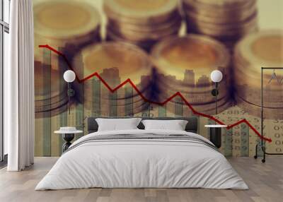 double exposure of graph and rows of coins for finance and banki Wall mural