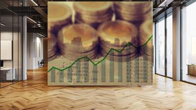 double exposure of graph and rows of coins for finance and banki Wall mural