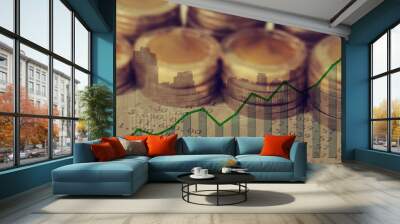 double exposure of graph and rows of coins for finance and banki Wall mural