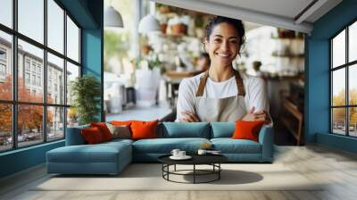 Cafeteria server, coffee shop waitress or confident manager working in hospitality. Woman and small business entrepreneur of restaurant with arms crossed for professional service.  Generative AI Wall mural